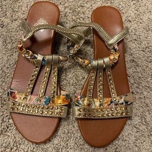 🩷 New Rhinestone Open Toe Orthopedic Sandals gold gem size 41 or 9.5M